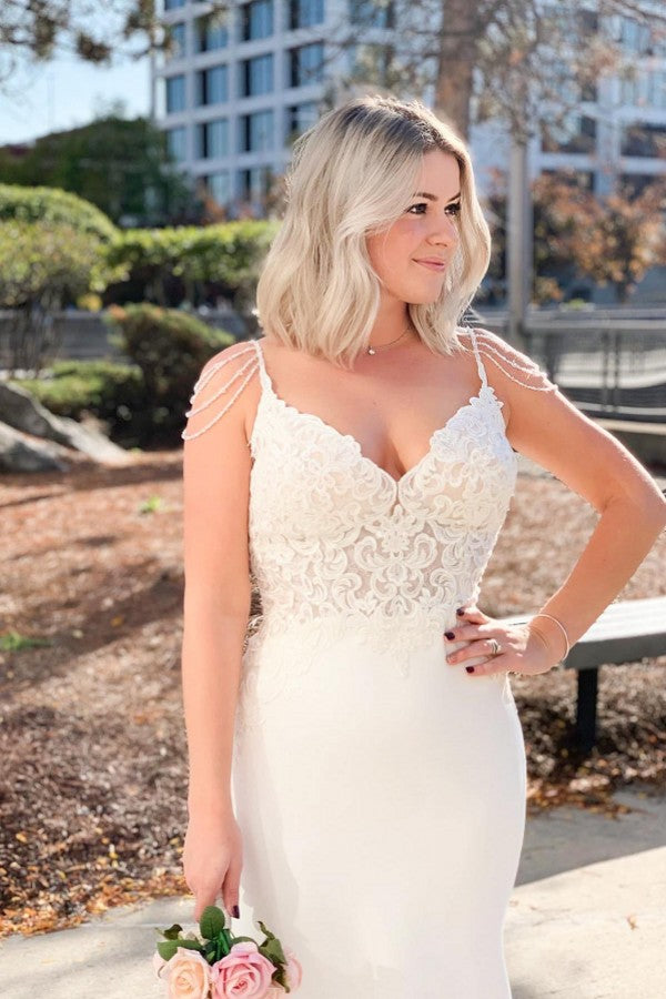 Long Mermaid V-neck Spaghetti Straps Appliques Lace Backless Wedding Dress