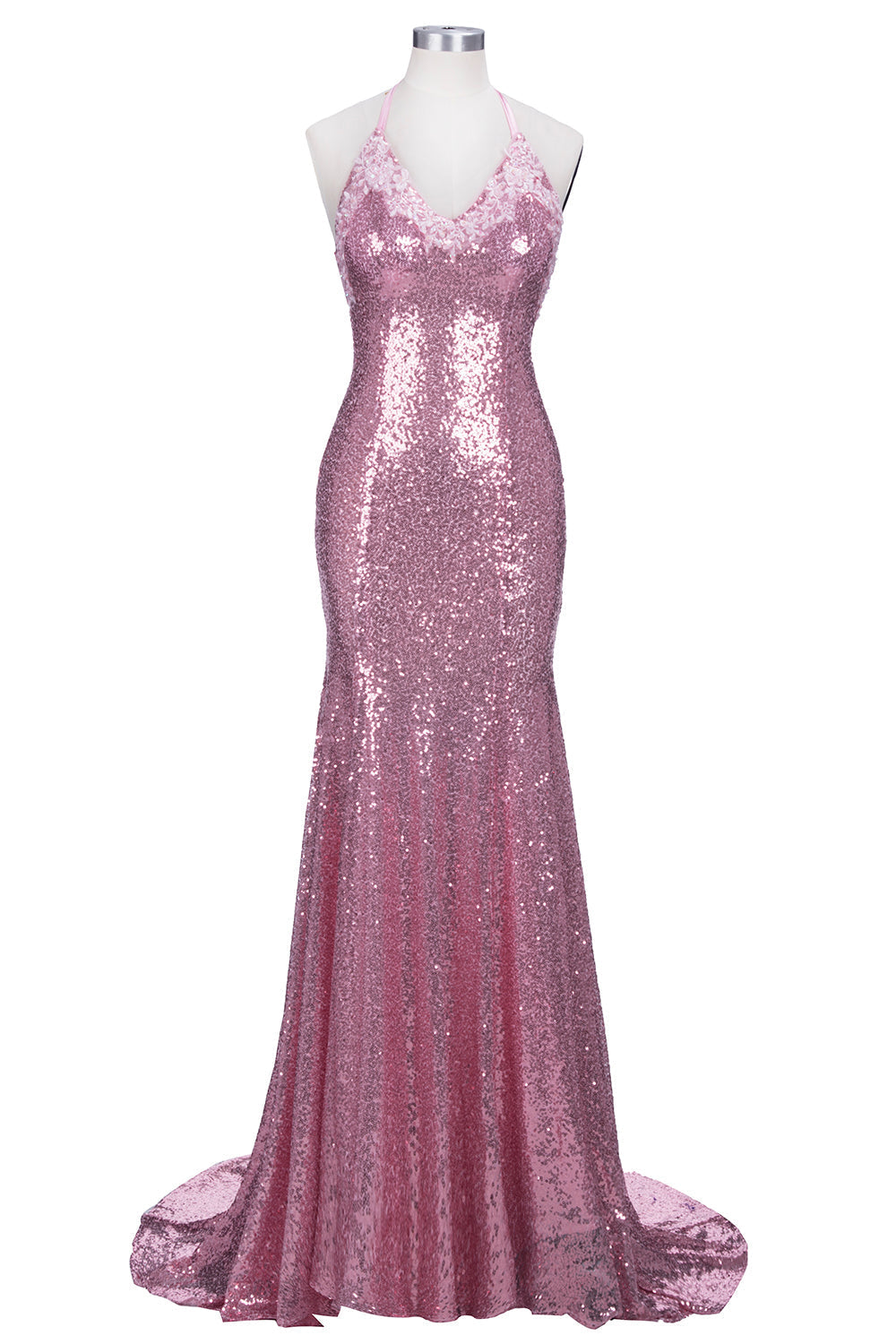 Vestido de fiesta largo de sirena con escote en V, tirantes finos, lentejuelas rosas y espalda descubierta