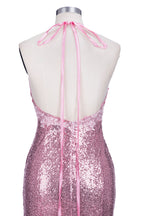 Vestido de fiesta largo de sirena con escote en V, tirantes finos, lentejuelas rosas y espalda descubierta