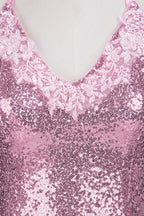 Vestido de fiesta largo de sirena con escote en V, tirantes finos, lentejuelas rosas y espalda descubierta