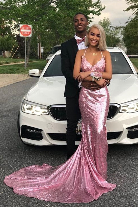 Vestido de fiesta largo de sirena con escote en V, tirantes finos, lentejuelas rosas y espalda descubierta