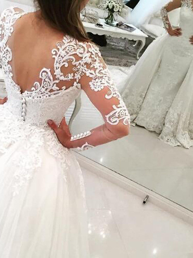 Long Mermaid V Neck Sweep Brush Train Lace Tulle Wedding Dresses with Sleeves