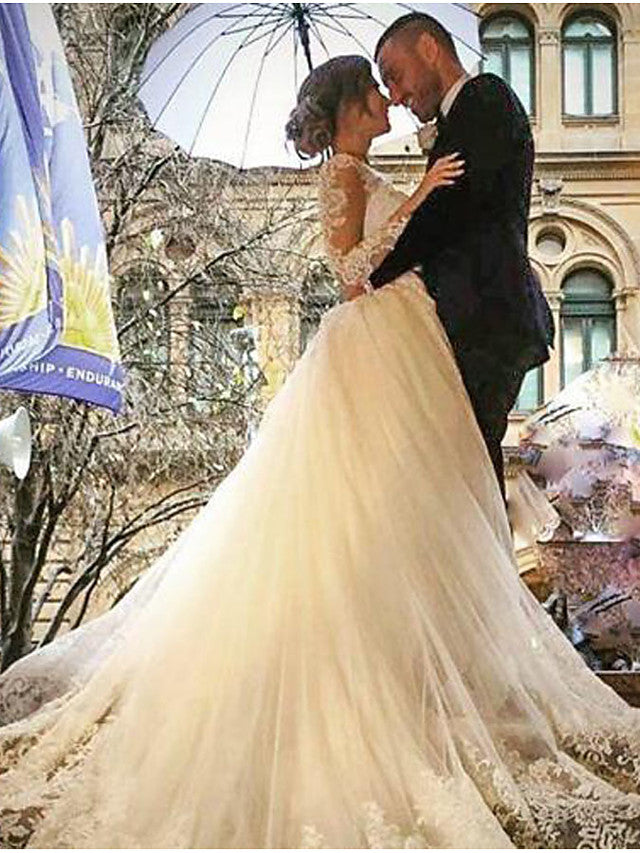 Long Mermaid V Neck Sweep Brush Train Lace Tulle Wedding Dresses with Sleeves