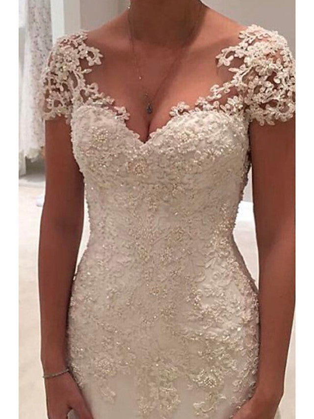 Long Mermaid V Neck Tulle Lace Backless Wedding Dresses with Cap Sleeves