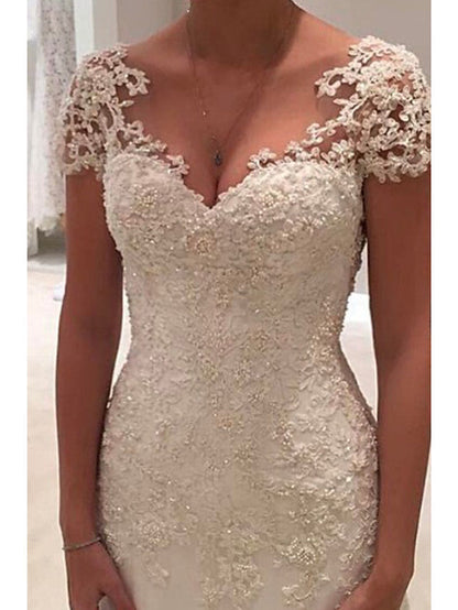 Long Mermaid V Neck Tulle Lace Backless Wedding Dresses with Cap Sleeves