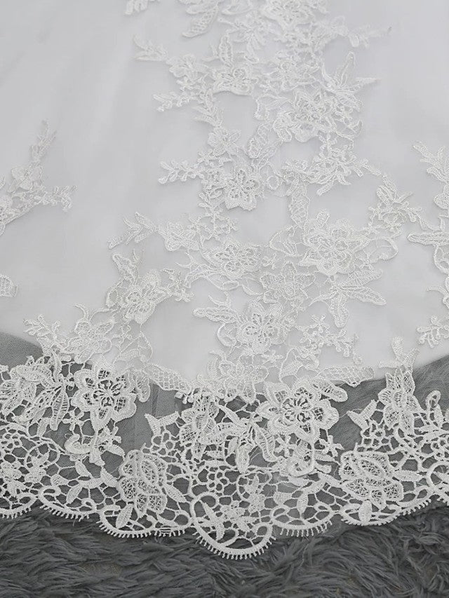 Long Mermaid V Neck Tulle Lace Backless Wedding Dresses with Cap Sleeves