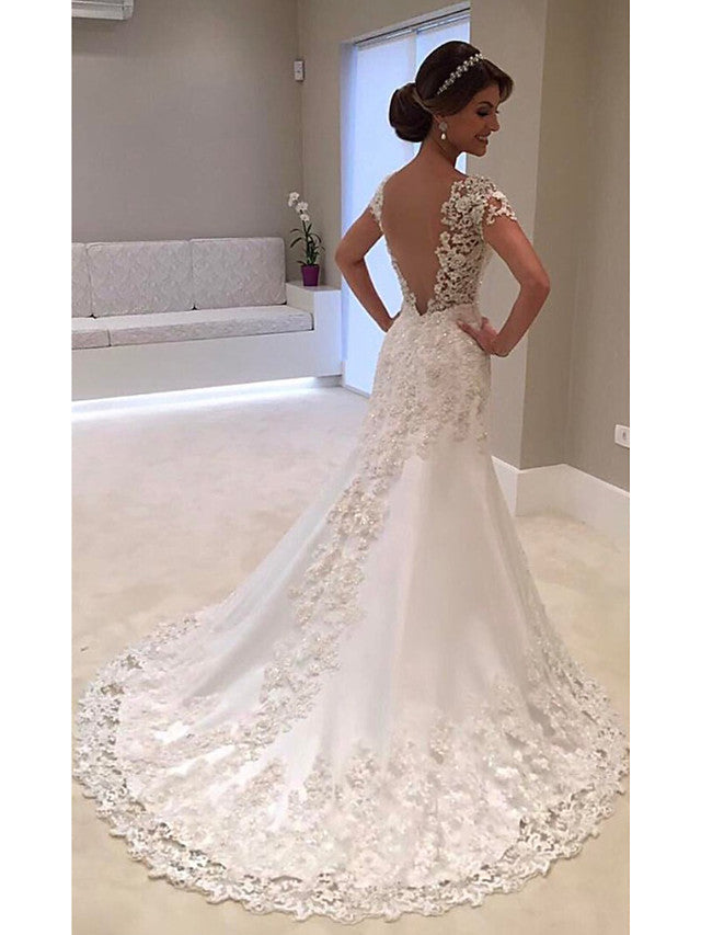 Long Mermaid V Neck Tulle Lace Backless Wedding Dresses with Cap Sleeves