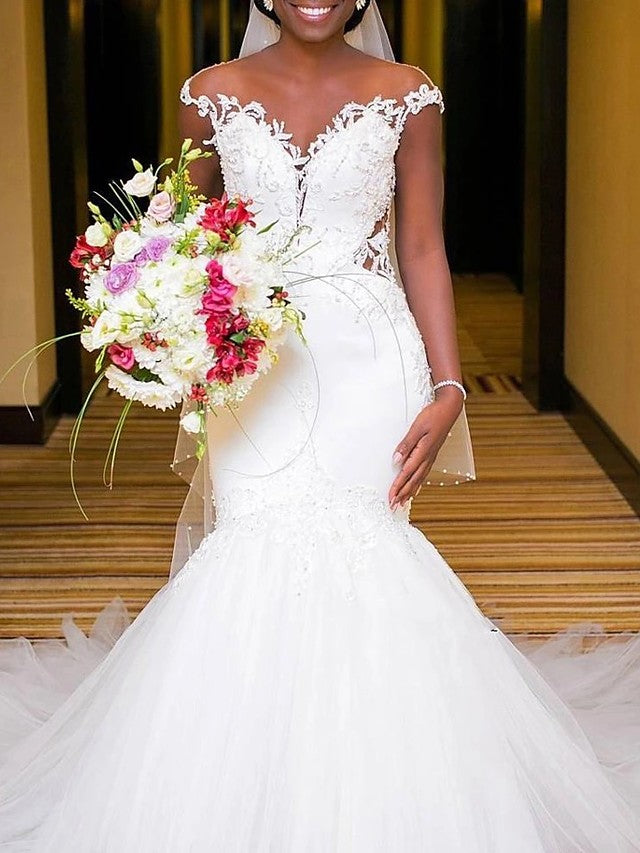 Long Mermaid V Neck Tulle Lace Chapel Train Backless Wedding Dresses