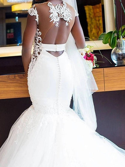 Long Mermaid V Neck Tulle Lace Chapel Train Backless Wedding Dresses