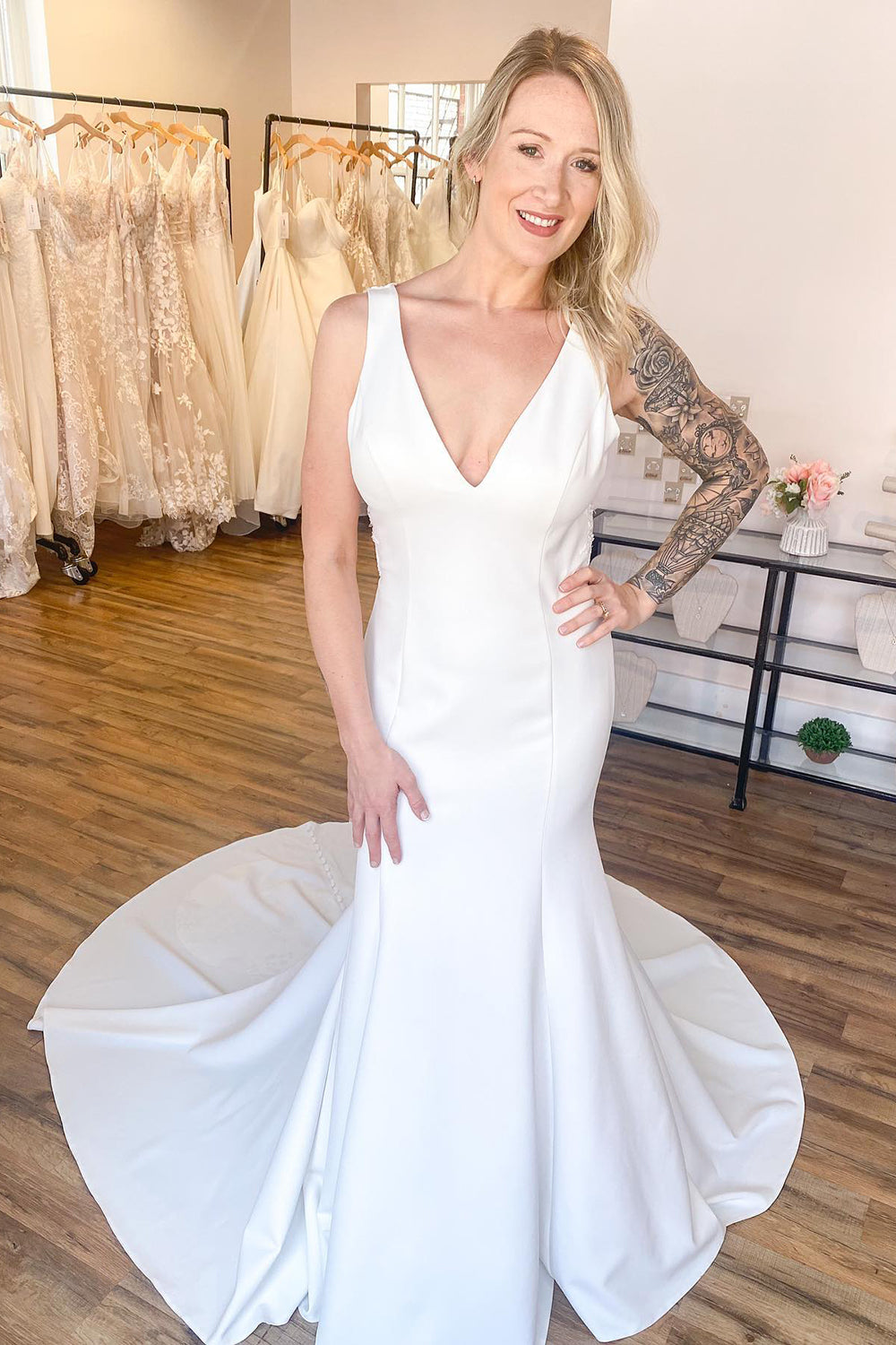 Long Mermaid V-neck Wide Straps Backless Wedding Dress