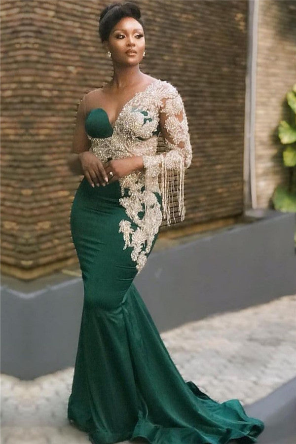 Long One Shoulder Appliques Lace Mermaid Prom Dresses with Sleeves