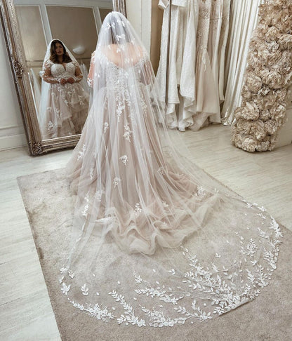 Long Plus Size A-Line Sweetheart Tulle Wedding Dresses with Lace Sleeves