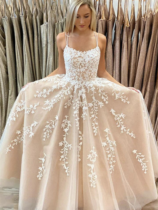 Langes Prinzessinnen-A-Linien-Abendkleid mit U-Ausschnitt und rückenfreiem Tüll und Spitze