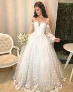 Long Princess Off-the-shoulder Tulle Wedding Dress with Bubble Sleeves