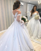 Long Princess Off-the-shoulder Tulle Wedding Dress with Bubble Sleeves