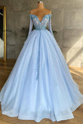 Vestido de fiesta formal de tul con escote corazón y mangas de princesa largo