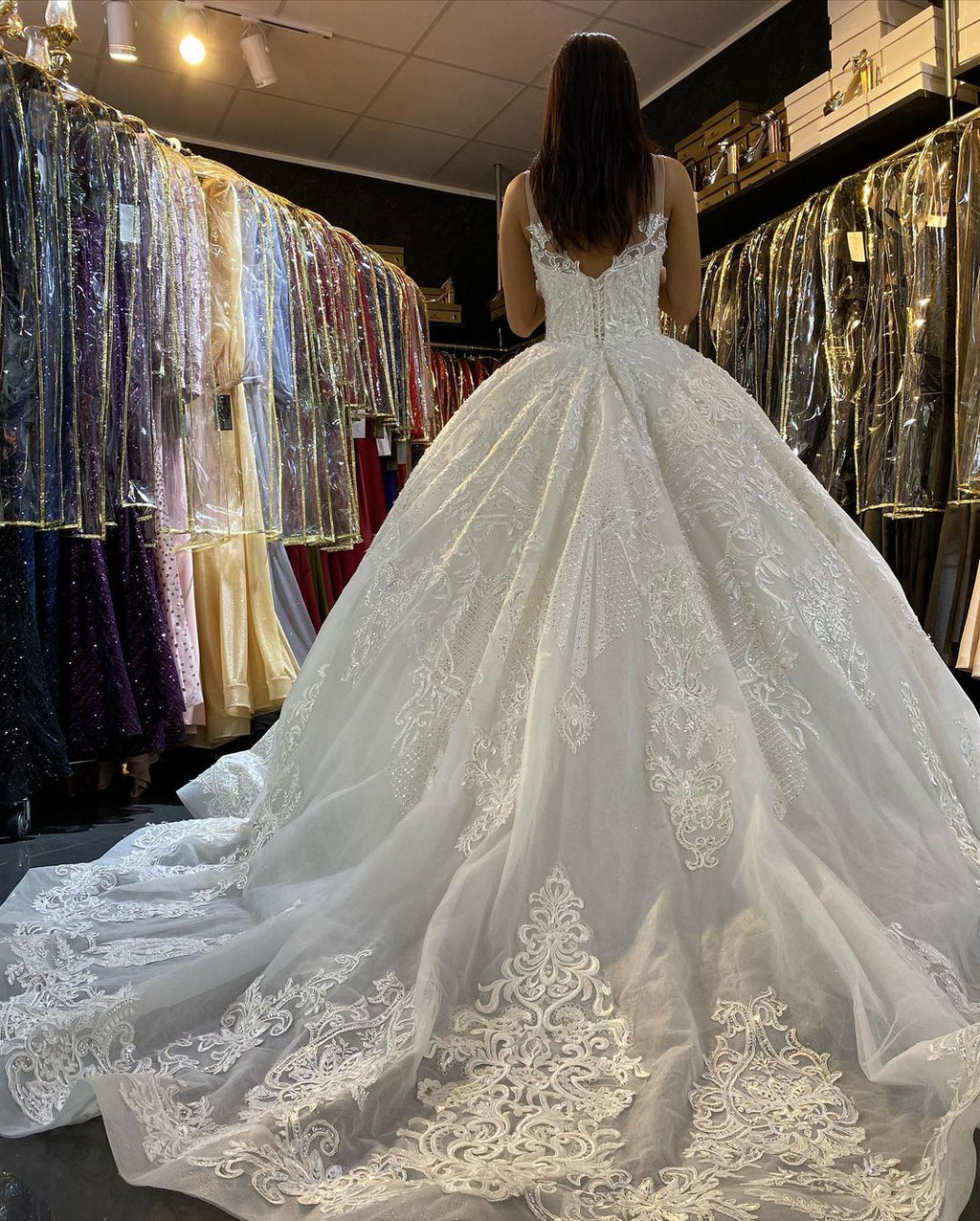 Langes Prinzessin V-Ausschnitt Applikationen Spitze Rückenfreies Brautkleid