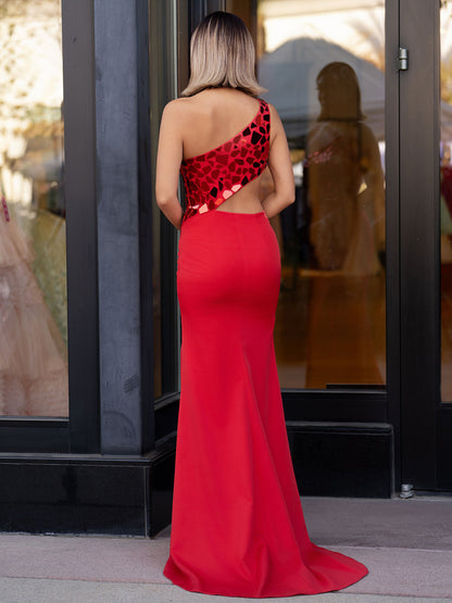 Ashley | Vestido de fiesta con un solo hombro, corte tubo y lentejuelas de espejo