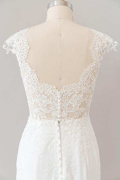 Long Sheath  Illusion Lace Wedding Dress with Cap Sleeve