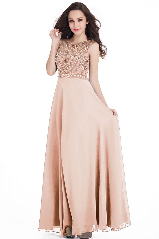 Vestidos de fiesta largos de gasa con cristales, joya y corte entallado hasta el suelo