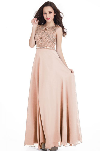 Vestidos de fiesta largos de gasa con cristales, joya y corte entallado hasta el suelo