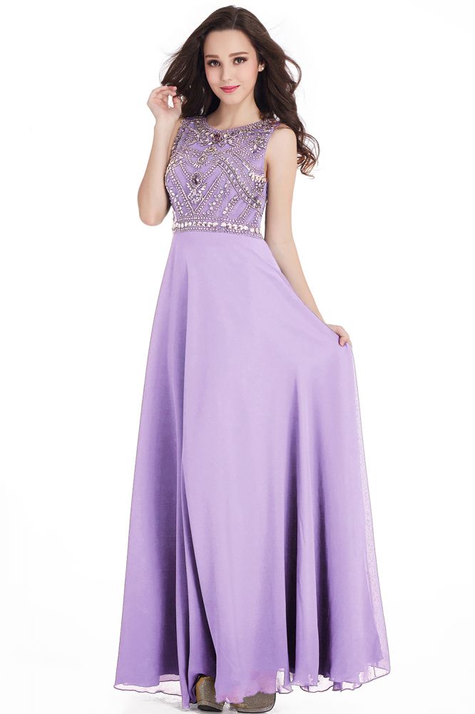 Vestidos de fiesta largos de gasa con cristales, joya y corte entallado hasta el suelo