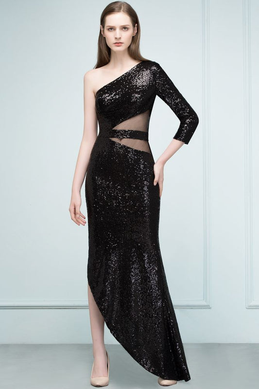 Vestidos de fiesta largos de una sola manga con lentejuelas y un solo hombro