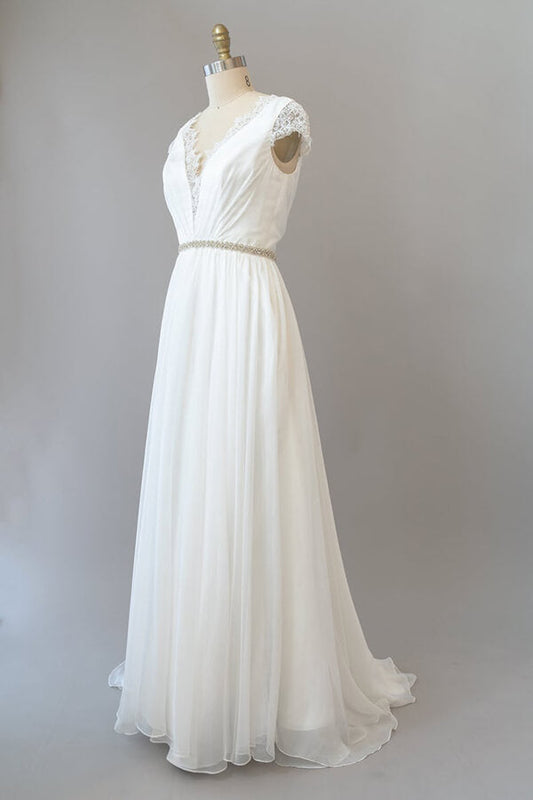 Long Sheath V-neck Lace Chiffon Wedding Dress with Cap Sleeves
