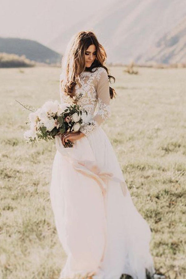 Long Sleeve A-line Appliques Lace Chiffon Wedding Dress