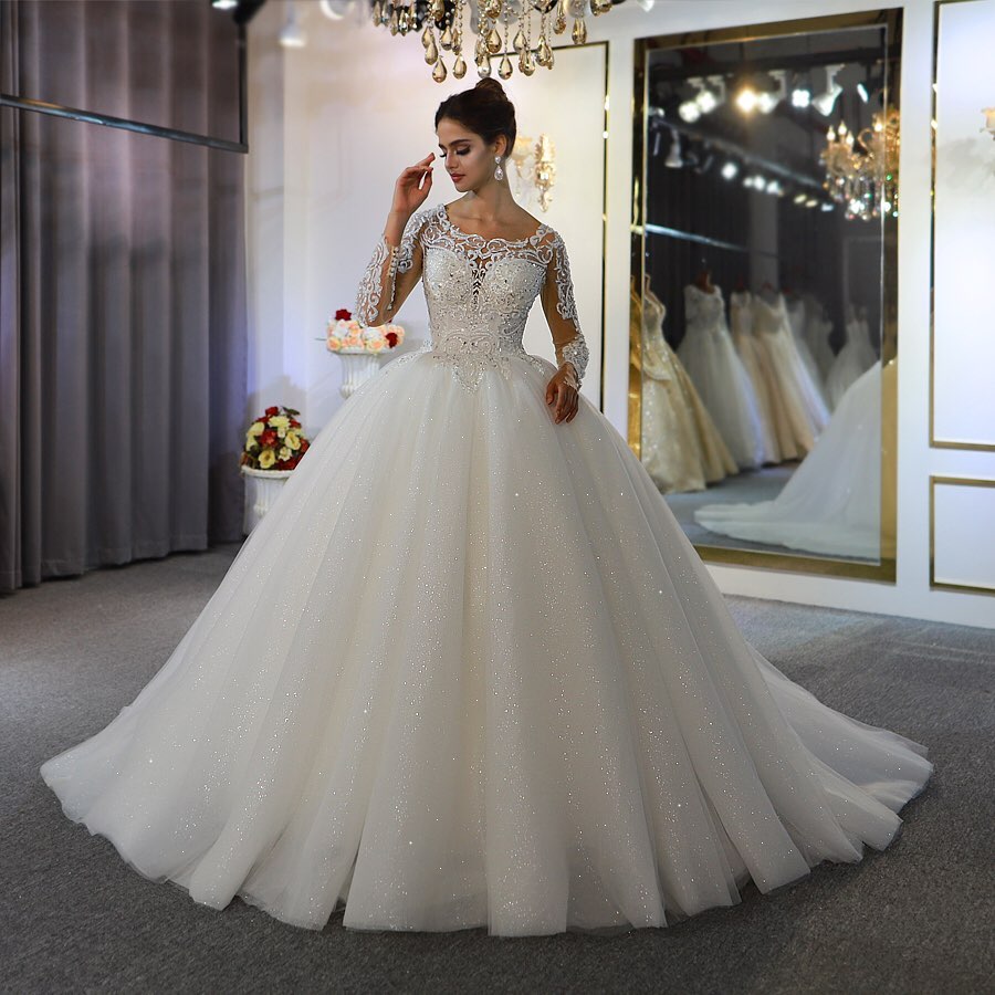 Vestido de novia de manga larga, corte en A, con escote barco, apliques de encaje y lentejuelas