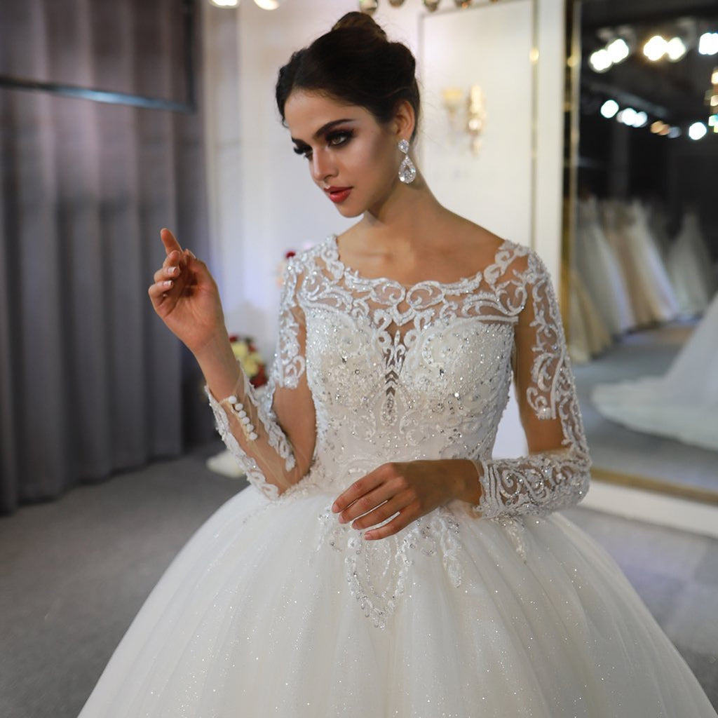 Vestido de novia de manga larga, corte en A, con escote barco, apliques de encaje y lentejuelas