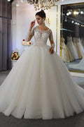 Vestido de novia de manga larga, corte en A, con escote barco, apliques de encaje y lentejuelas