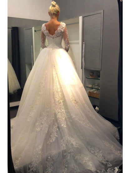 Long Sleeve A-Line Jewel Neck Court Train Lace Tulle Wedding Dresses