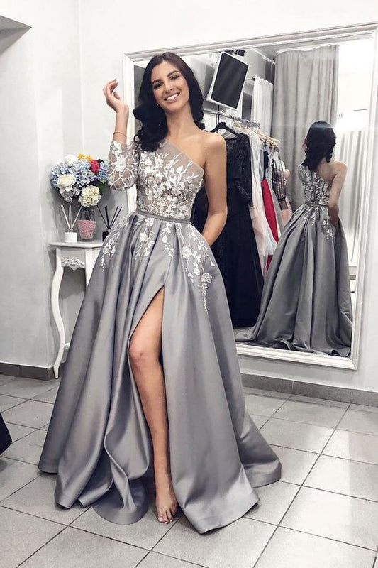 Langärmliges A-Linien-Ballkleid mit einer Schulter, Schlitz vorne und Taschen