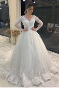 Vestido de novia de tul con escote en V, manga larga, apliques de encaje y espalda descubierta