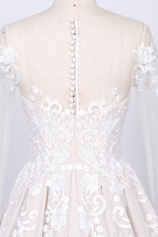 A-Linie Brautkleid mit langen Ärmeln und Applikationen aus Spitze und Tüll