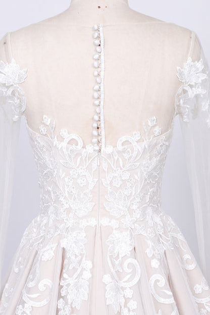 Long Sleeve Appliques Tulle A-line Wedding Dress