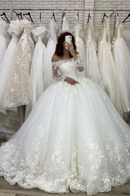 Long Sleeve Ball Gown Off The Shoulder Illusion Wedding Dress