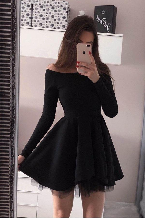 Vestidos de fiesta de manga larga con hombros descubiertos, vestido de fiesta corto PD230