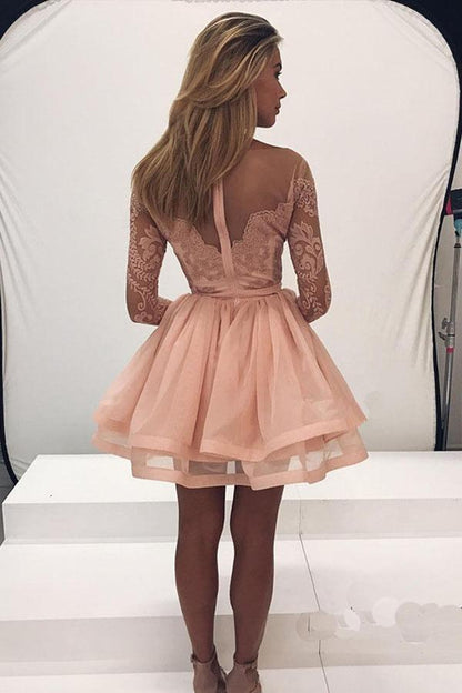 Langärmliges Homecoming-Kleid aus Spitze mit Tüll und Reißverschluss hinten, Partykleid PG197
