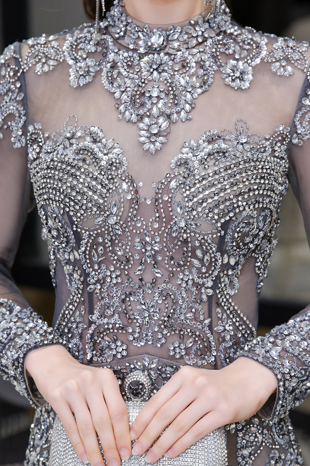 Long Sleeve Mermaid Sequins High-Neck Evening Gowns