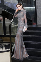 Long Sleeve Mermaid Sequins High-Neck Evening Gowns