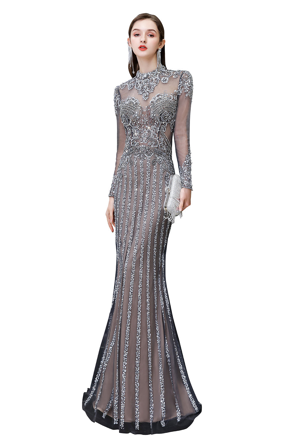 Long Sleeve Mermaid Sequins High-Neck Evening Gowns