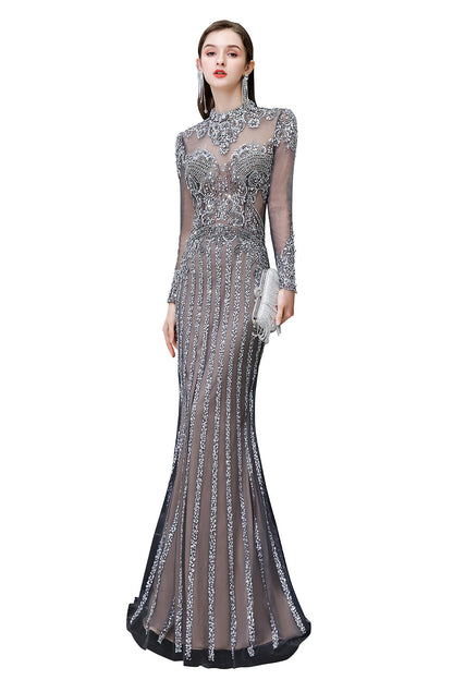 Long Sleeve Mermaid Sequins High-Neck Evening Gowns