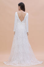 Long Sleeve V-neck Boho Bridal Gowns Satin Backless Lace Wedding Dress