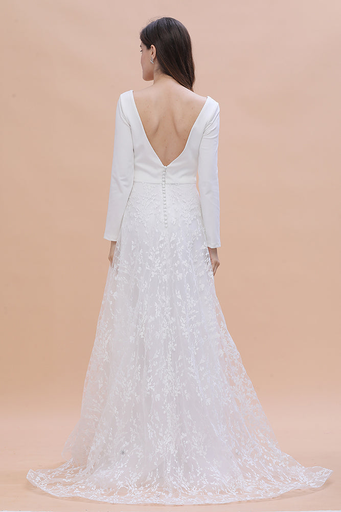 Long Sleeve V-neck Boho Bridal Gowns Satin Backless Lace Wedding Dress