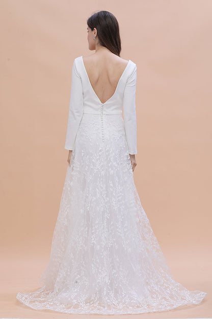 Long Sleeve V-neck Boho Bridal Gowns Satin Backless Lace Wedding Dress
