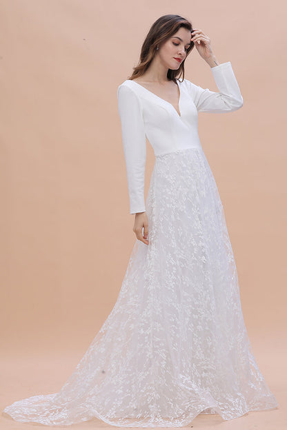 Long Sleeve V-neck Boho Bridal Gowns Satin Backless Lace Wedding Dress