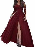 Lange Ärmel A-Linie Bateau-Ausschnitt Sweep Brush Train Spitze Ballkleider mit Schlitz