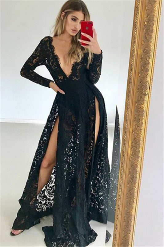 Langärmliges A-Linien-Ballkleid mit tiefem V-Ausschnitt und Schlitz in Schwarz